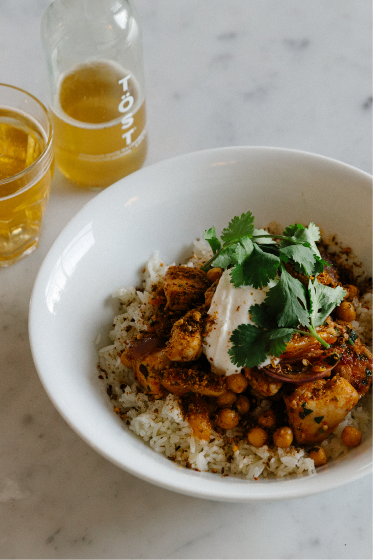 Maple Aleppo Chicken – Turkish rice pilaf, chickpeas, apricots, roasted pearl onions