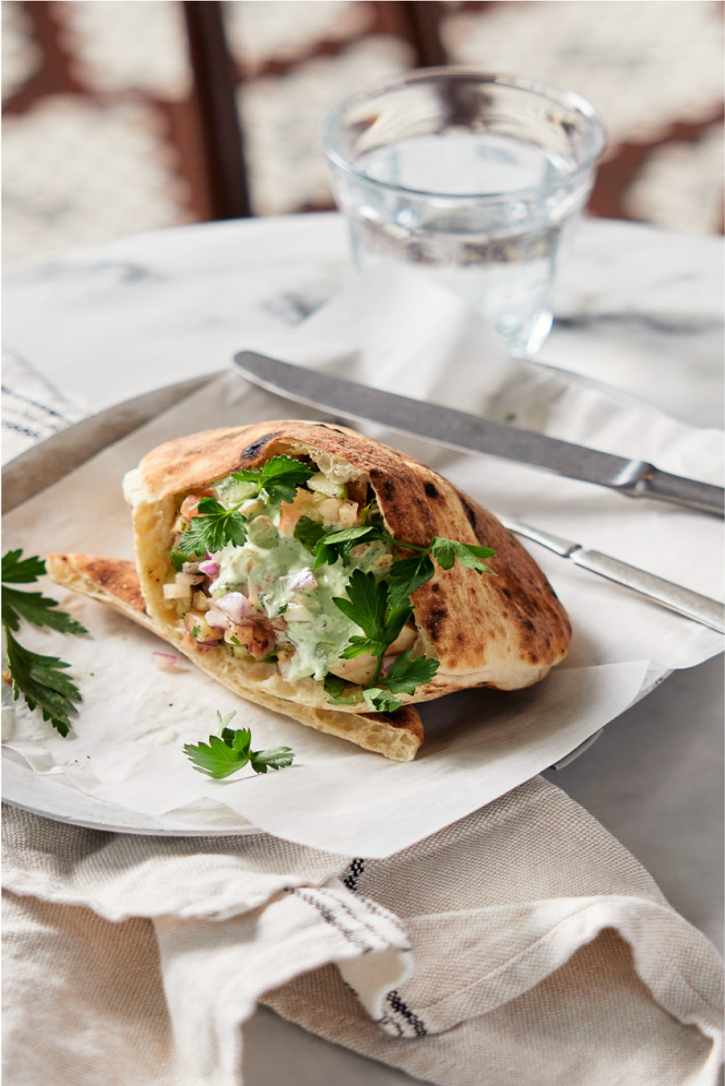 Hummus with roasted mushrooms - zhoug, herb salad